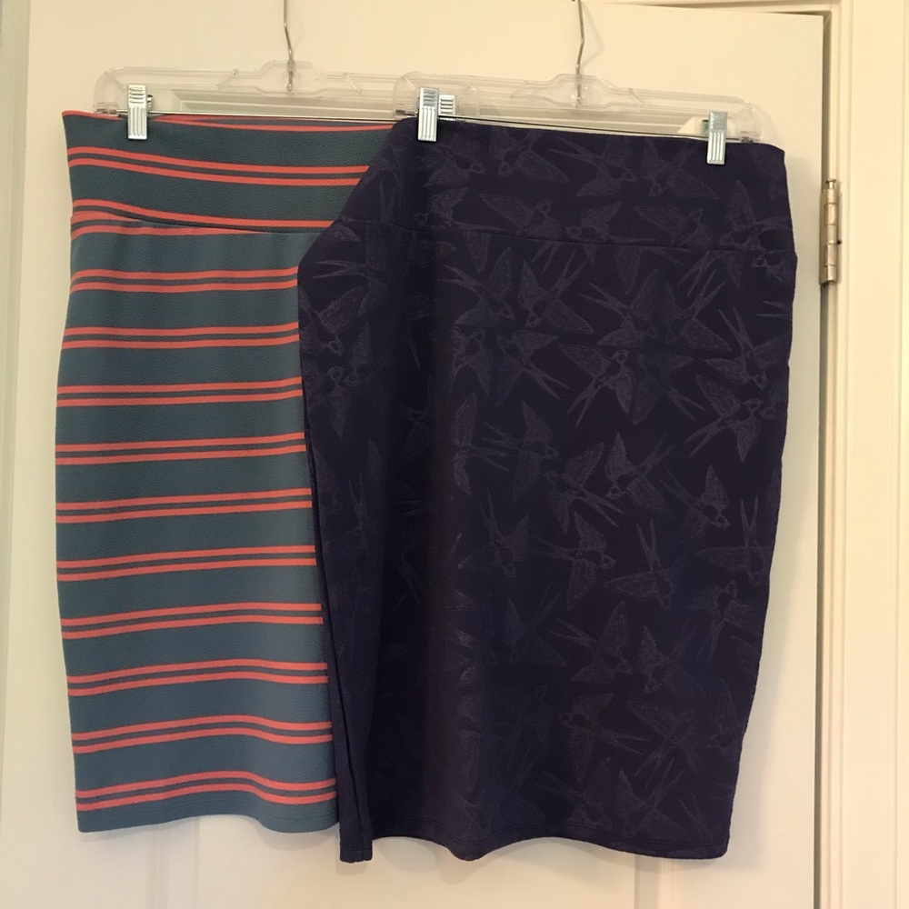Pair of Lularoe Cassie skirts stripes birds